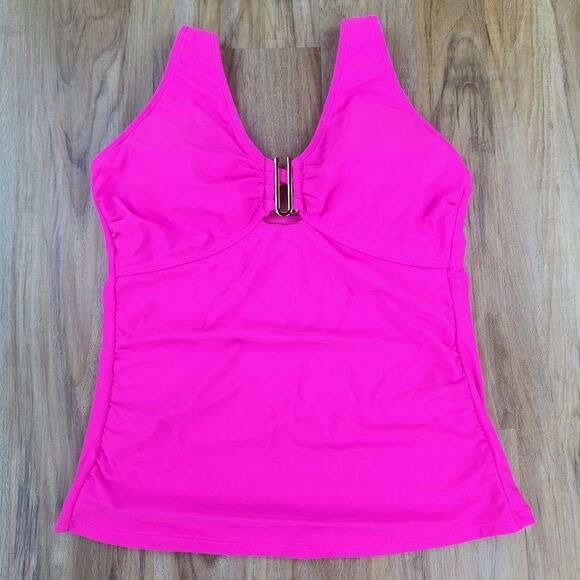 ⏭️NWT Neon Pink & Gold U-Buckle Adjustable Tankini Swim Top Medium - Picture 5 of 13